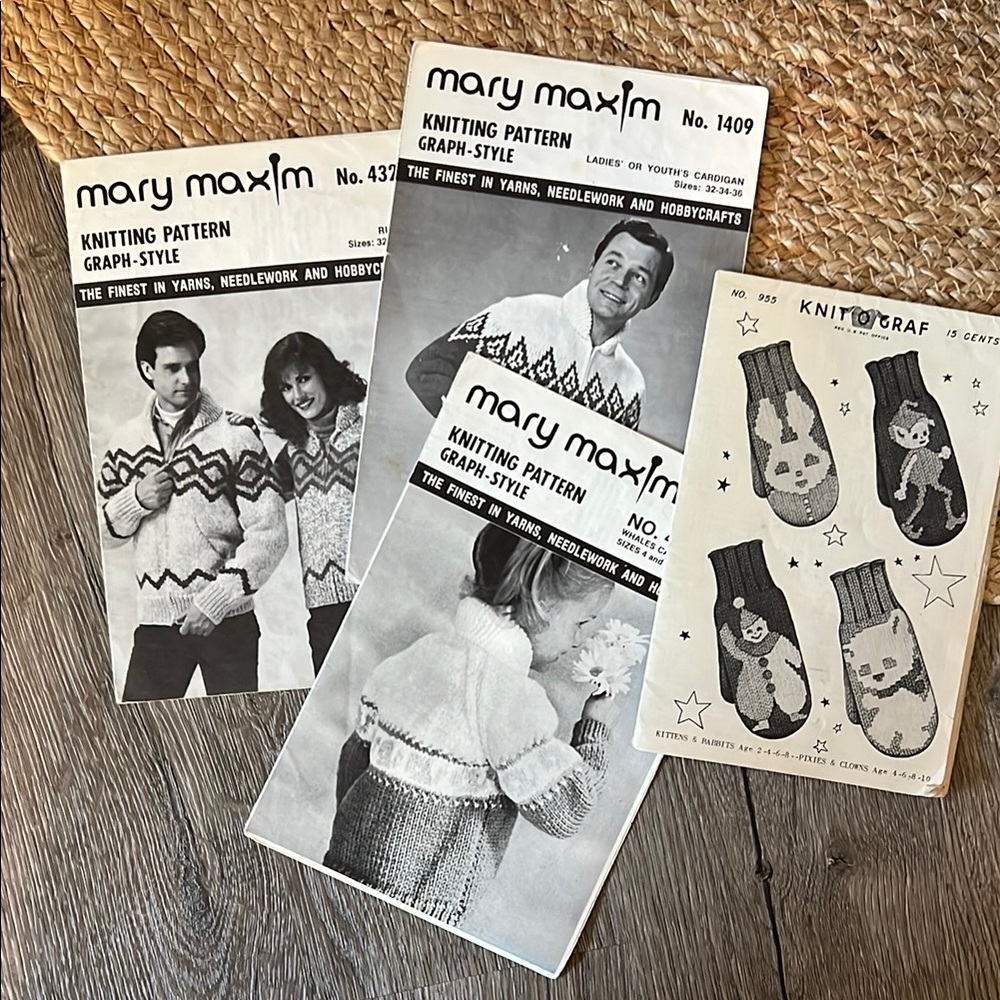 VINTAGE Mary Maxim & knit o graf knitting patterns!! Lot of 4. 1960’s